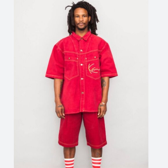 Karl Kani Vintage 90's Denim Short Sleeve Button Down Shirt Size Small Red - Picture 12 of 12